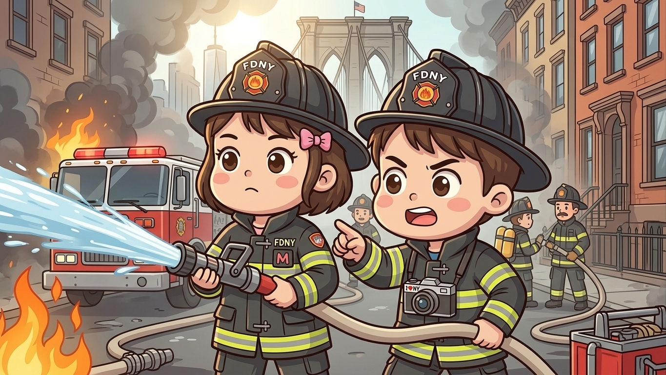 消防隊の装備を着た子ども2人が、燃えている建物にホースで放水しているイラスト